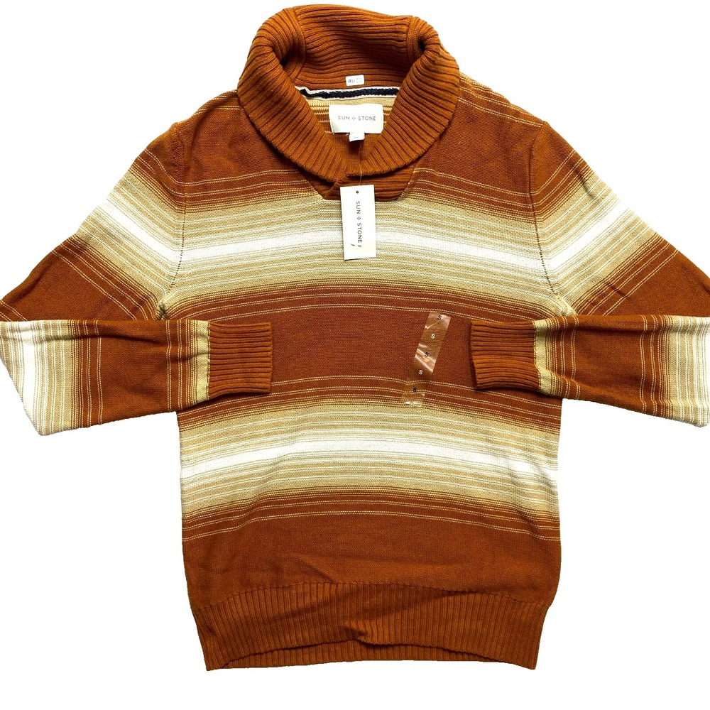 Sun + Stone Sweater Mens Small Brown Shawl Collar Stripe Warm Pullover